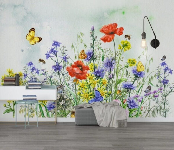 Fiori vibranti e farfalle svolazzanti Carta da parati Fiori vibranti e farfalle svolazzanti