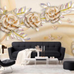 Carta da parati Eleganti rose con farfalle di cristallo.