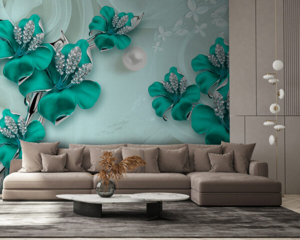 Fiori turchesi con accenti scintillanti Carta da parati Fiori turchesi con accenti scintillanti