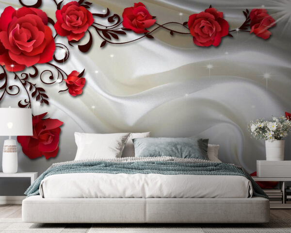 Rose rosse su tessuto bianco e setoso Carta da parati Rose rosse su tessuto bianco e setoso