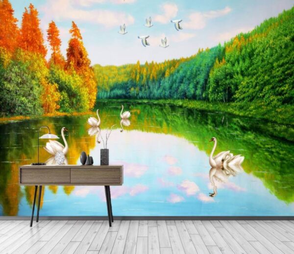 Pittura di cigni su un lago Carta da parati Pittura di cigni su un lago