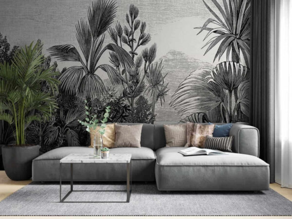 Disegno in bianco e nero di una foresta tropicale Carta da parati Disegno in bianco e nero di una foresta tropicale