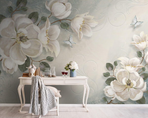 Fiori e foglie bianche su sfondo bianco Carta da parati Fiori e foglie bianche su sfondo bianco