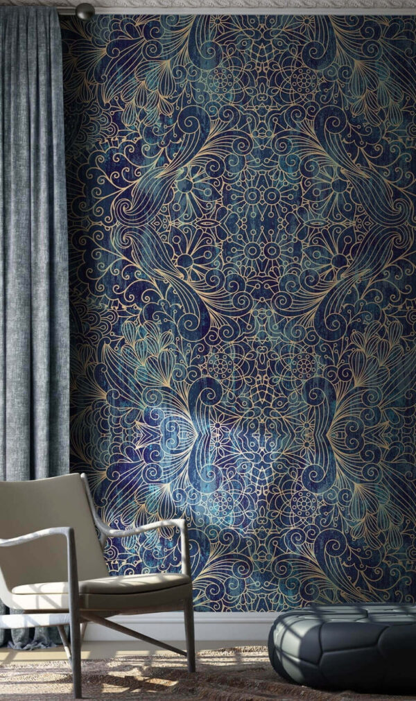 Intricato motivo blu e beige Carta da parati Intricato motivo blu e beige