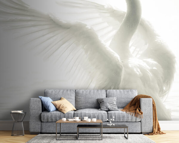 Cigno bianco ad ali spiegate nell'acqua Carta da parati Cigno bianco ad ali spiegate nell'acqua