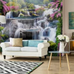 Carta da parati Incantevole cascata in mezzo a vivaci fioriture.