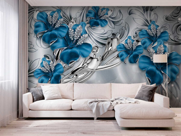 Fiori blu ornati con cristalli Carta da parati Fiori blu ornati con cristalli