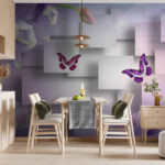 Carta da parati Fiori viola e bianchi e farfalle