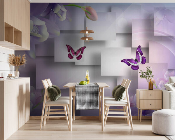 Fiori viola e bianchi e farfalle Carta da parati Fiori viola e bianchi e farfalle