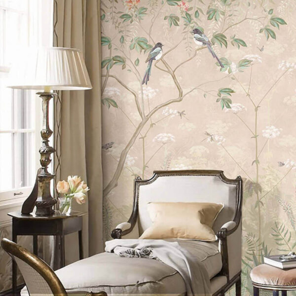Carta da parati con uccelli su alberi e fiori Carta da parati Carta da parati con uccelli su alberi e fiori