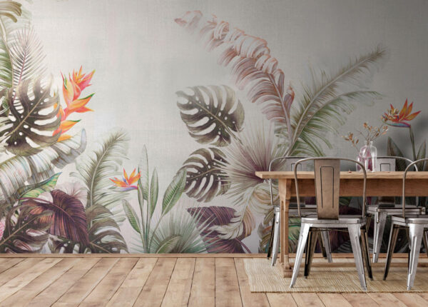 Foglie tropicali e fiori vivaci Carta da parati Foglie tropicali e fiori vivaci
