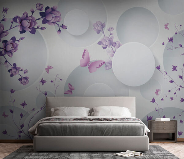 Cerchio bianco con fiori viola Carta da parati Cerchio bianco con fiori viola