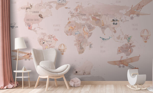 Mappa del mondo con animali Carta da parati Mappa del mondo con animali