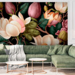 Carta da parati Eleganti magnolie e foglie rigogliose.