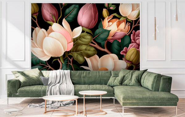 Eleganti magnolie e foglie rigogliose Carta da parati Eleganti magnolie e foglie rigogliose