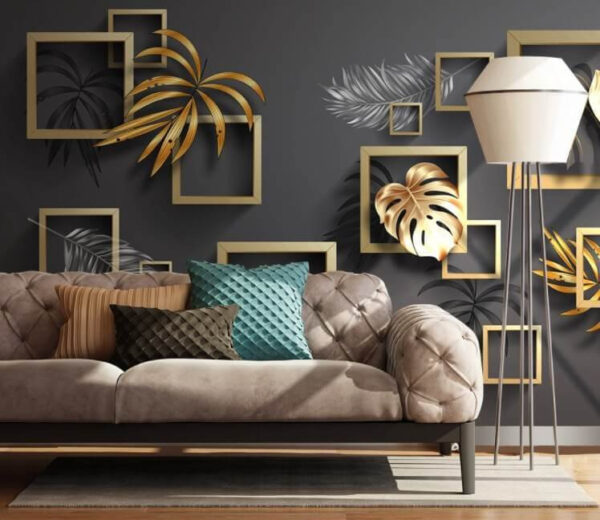 Arte delle foglie tropicali con cornice elegante Carta da parati Arte delle foglie tropicali con cornice elegante