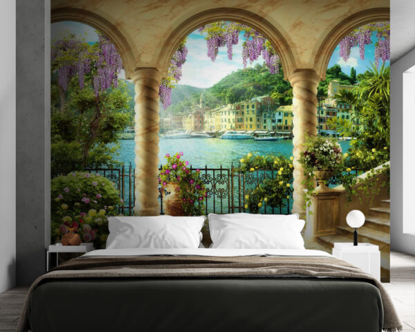 Carta da parati murale Giardino colorato con vista sul porto