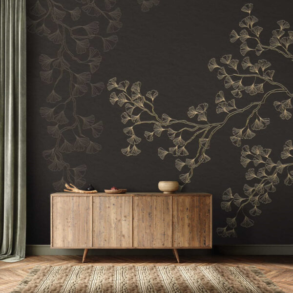 Eleganti foglie di ginkgo su sfondo scuro Carta da parati Eleganti foglie di ginkgo su sfondo scuro