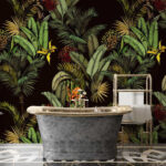 Carta da parati Fogliame tropicale rigoglioso e fiori vivaci.
