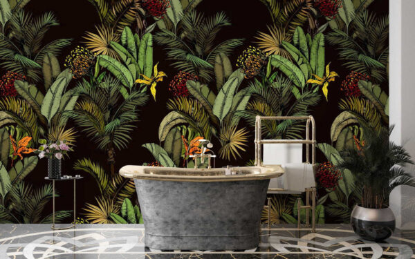 Fogliame tropicale rigoglioso e fiori vivaci Carta da parati Fogliame tropicale rigoglioso e fiori vivaci