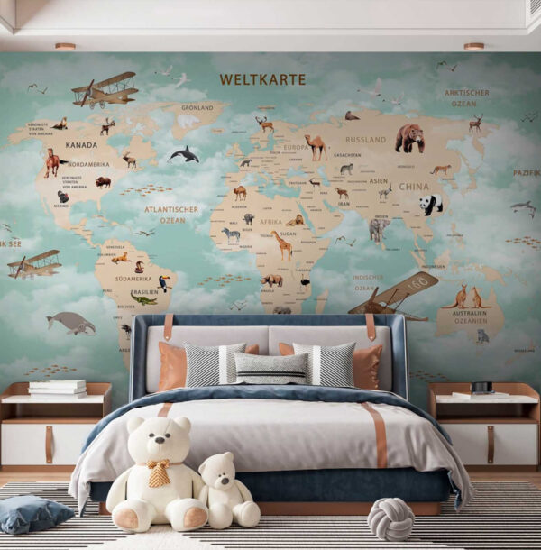 Mappa del mondo con animali Carta da parati Mappa del mondo con animali