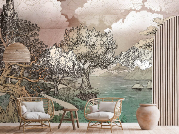 Paesaggio con alberi e lago Carta da parati Paesaggio con alberi e lago