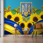 Carta da parati Girasoli ed emblema giallo-blu.