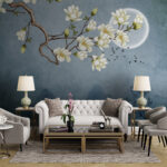 Carta da parati Pittura di un ramo d'albero con fiori bianchi