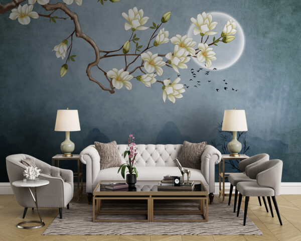 Pittura di un ramo d'albero con fiori bianchi Carta da parati Pittura di un ramo d'albero con fiori bianchi