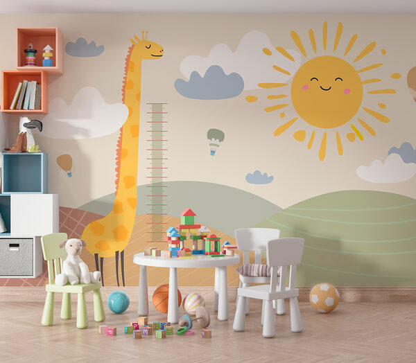 Giraffa che misura l'altezza di un bambino Carta da parati Giraffa che misura l'altezza di un bambino