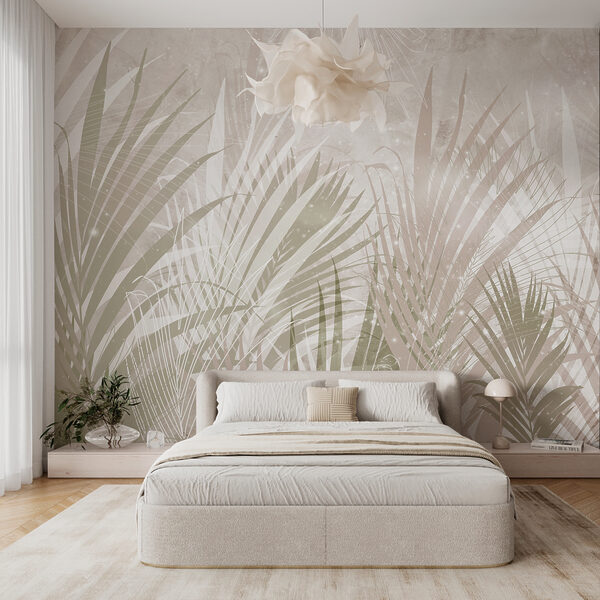 Disegno di foglie tropicali su sfondo beige Carta da parati Disegno di foglie tropicali su sfondo beige