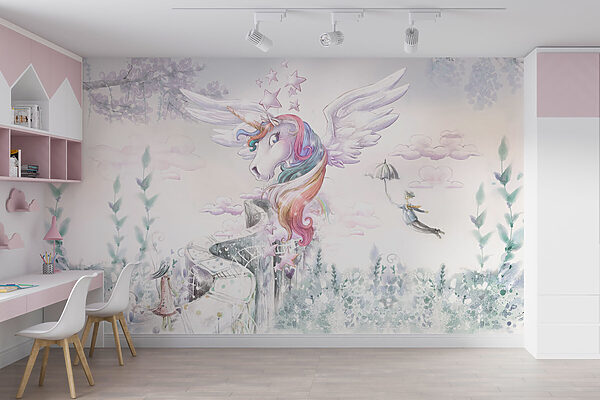 Unicorno con ali e capelli arcobaleno Carta da parati Unicorno con ali e capelli arcobaleno