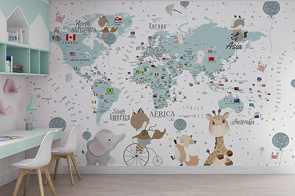 Mappa del mondo con animali Carta da parati Mappa del mondo con animali