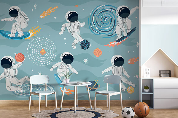 Cartone animato di un astronauta su una tavola da surf Carta da parati Cartone animato di un astronauta su una tavola da surf