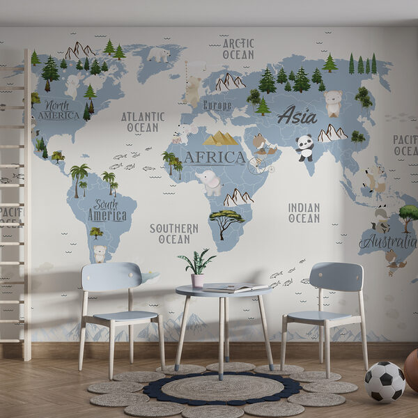 Mappa del mondo con animali e testo Carta da parati Mappa del mondo con animali e testo