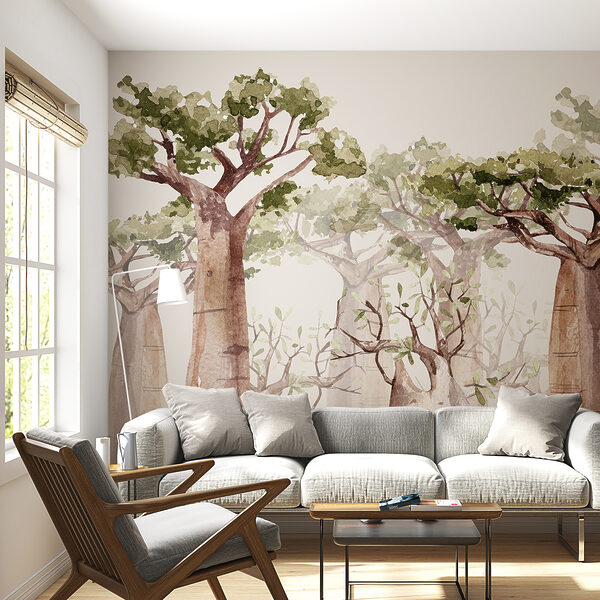 Maestosi baobab nella foresta in acquerello Carta da parati Maestosi baobab nella foresta in acquerello