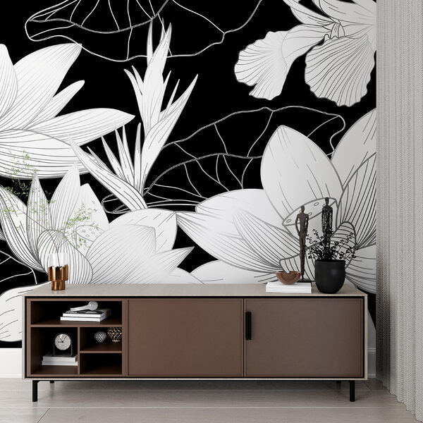 Elegante disegno floreale in bianco e nero Carta da parati Elegante disegno floreale in bianco e nero