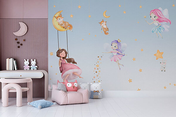 Ragazza in abito rosa su un'altalena Carta da parati Ragazza in abito rosa su un'altalena