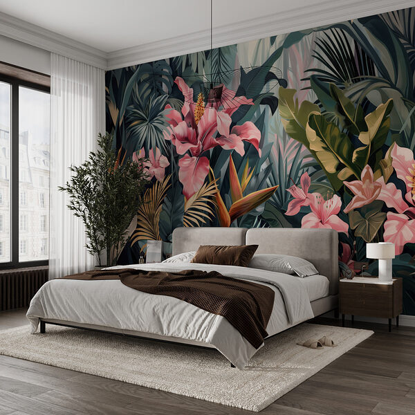 Giungla lussureggiante con fiori rosa vibranti Carta da parati Giungla lussureggiante con fiori rosa vibranti