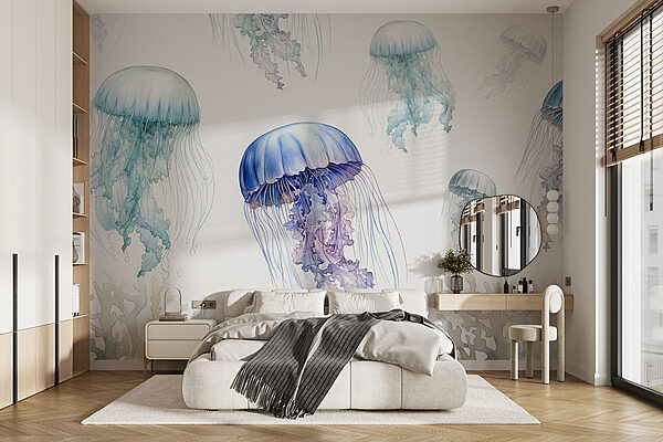 Meduse blu e bianche Carta da parati Meduse blu e bianche