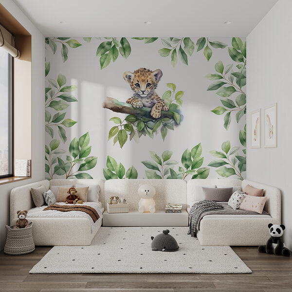 Acquerello di un cucciolo di leopardo su un ramo d'albero Carta da parati Acquerello di un cucciolo di leopardo su un ramo d'albero