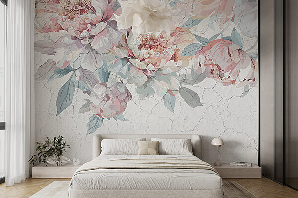 Carta da parati Peonie pastello su sfondo strutturato