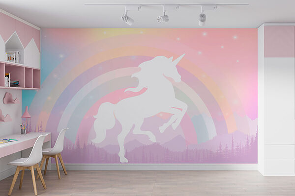 Unicorno con arcobaleno e montagne Carta da parati Unicorno con arcobaleno e montagne
