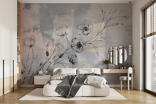 Disegno di fiori su sfondo grigio Carta da parati Disegno di fiori su sfondo grigio