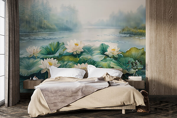 Pittura di uno stagno con fiori bianchi e foglie verdi Carta da parati Pittura di uno stagno con fiori bianchi e foglie verdi