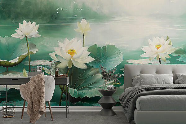 Pittura di fiori e foglie bianche in un lago Carta da parati Pittura di fiori e foglie bianche in un lago