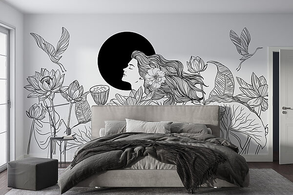 Carta da parati murale Donna con capelli lunghi e fiori