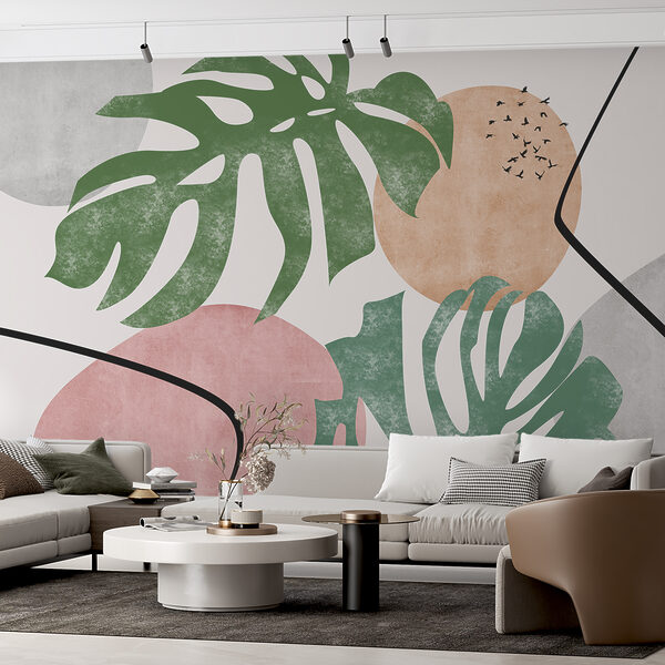 Minimalismo tropicale: Uccelli e foglie Carta da parati Minimalismo tropicale: Uccelli e foglie