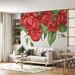 Carta da parati Gruppo di rose rosse con foglie verdi