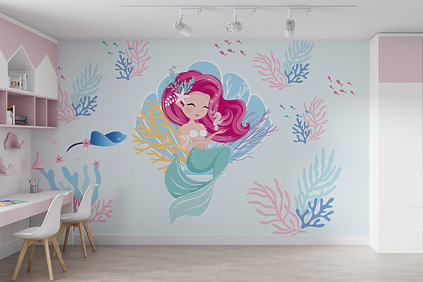 Sirena dei cartoni animati con capelli rosa e cavalluccio marino Carta da parati Sirena dei cartoni animati con capelli rosa e cavalluccio marino